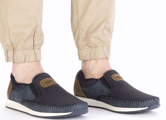 Rieker, sommerliche Herren-Slipper, mit Gummizug BLAU-BRAUN